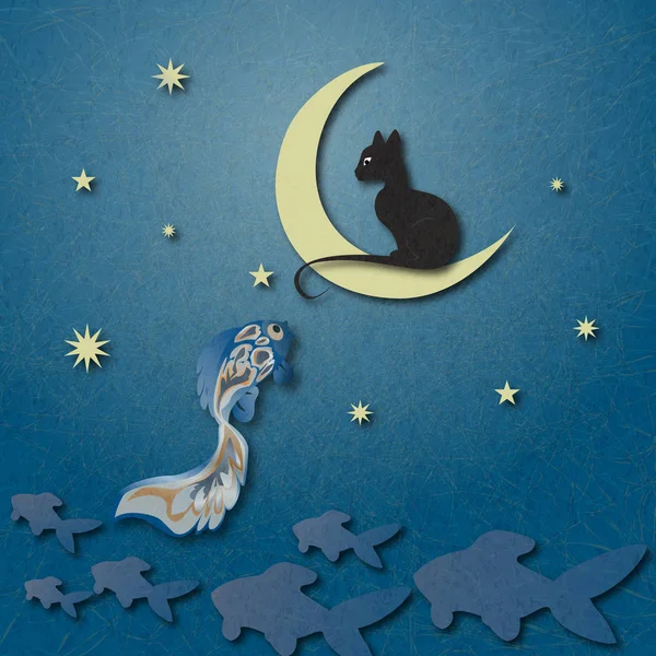 Black cat sitting on moon and fishing golden fish among starry sky. Shading, layered paper effects and textures to create depth. Illustration with marble paper effect, scratched background.
