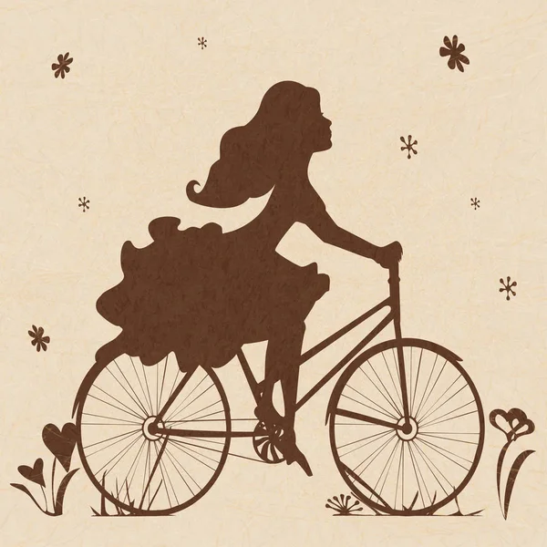 茶色のトーンで自転車に女の子のシルエット 大理石ペーパー効果とベージュ色のテクスチャ背景の美しい若い女性乗馬自転車のベクトル イラスト — ストックベクタ