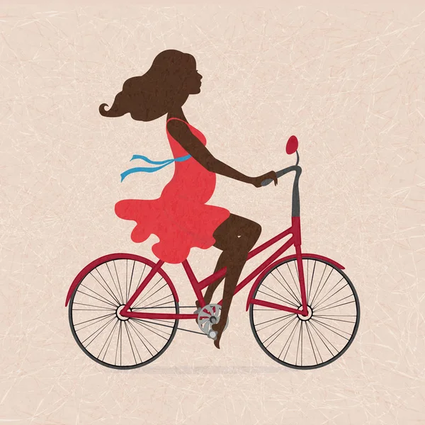 赤い自転車に妊娠中の女性のシルエット ベクトル イラスト穏やかなベージュ大理石ペーパー効果 背景が付いて赤いドレスの女の子の背景に傷します 正方形の向き — ストックベクタ