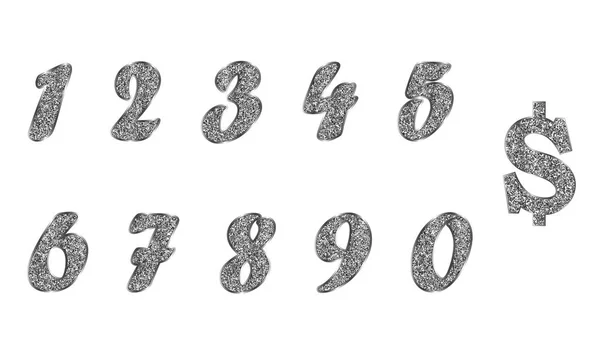Standard uppsättning nummer, symbol för dollar av silver, platina med glitter effekt. — Stock vektor