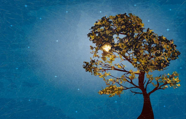 Sonbahar ağaç çizimi üzerinde arka plan metni mermer kağıt efekti ve uzay yıldızlı gece. — Stok fotoğraf