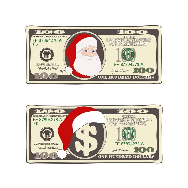 Set de 100 dólares, billete de Navidad de cien dólares con Santa Claus y sombrero rojo . — Vector de stock