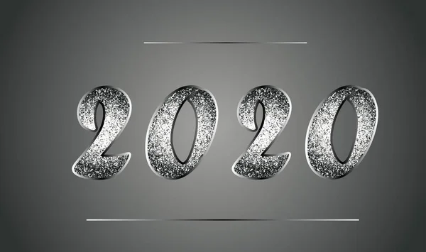 Elegant template of New Year 2020 in black and white tones with glitter. Shiny metal texture. — Stock Vector