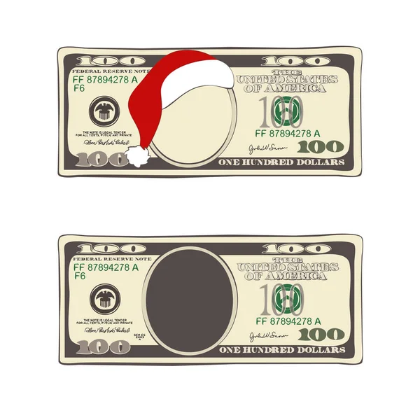 Set van 100 dollar, kerstbiljet van 100 dollar met kerstman rode hoed. — Stockvector