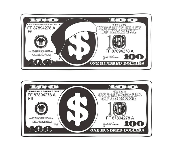Set van 100 dollar in zwart-wit kleuren, kerstbiljet honderd dollar met kerstmuts. — Stockvector