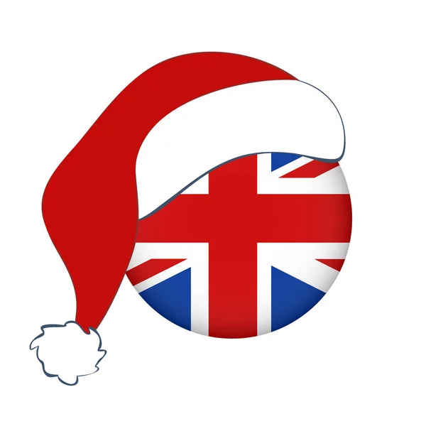 Χριστούγεννα διάνυσμα εικόνα της σημαίας της Αγγλίας με καπέλο του Αϊ Βασίλη, το νέο έτος. Σημαία της Μεγάλης Βρετανίας σε κύκλο, Ηνωμένο Βασίλειο. — Διανυσματικό Αρχείο