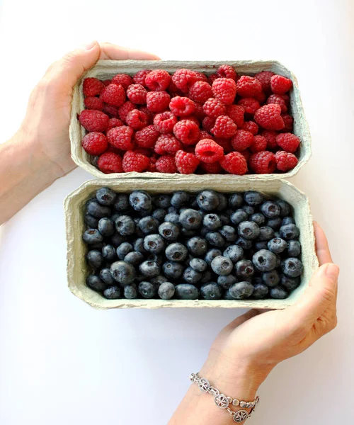 Raspberry and blueberry in packing containers, womans hand holding packaging with berries, fruit in package, closeup.