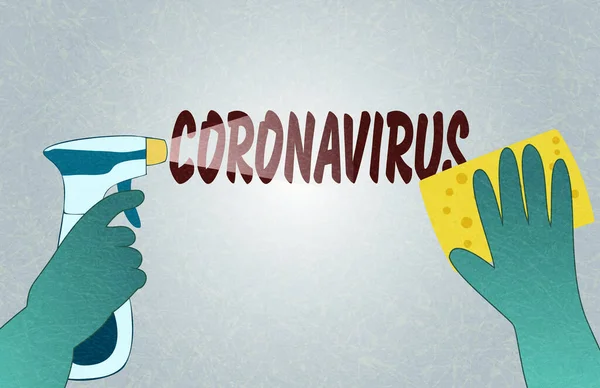 Απολύμανση του σπιτιού από το coronavirus, χέρια σε γάντια με ψεκασμό και σφουγγάρι τοίχο πλυσίματος, ψεκασμός με απολυμαντικό διάλυμα, υγειονομικός καθαρισμός κατά τη διάρκεια της καραντίνας. — Διανυσματικό Αρχείο