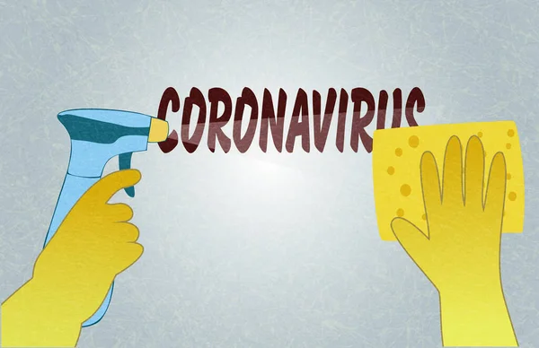 Απολύμανση του σπιτιού από το coronavirus, χέρια σε γάντια με ψεκασμό και σφουγγάρι τοίχο πλυσίματος, ψεκασμός με απολυμαντικό διάλυμα, υγειονομικός καθαρισμός κατά τη διάρκεια της καραντίνας. — Διανυσματικό Αρχείο