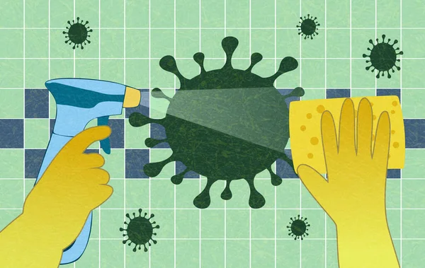 Coronavirus, MERS-Cov yüzünden evdeki dezenfeksiyon. Ellerinde sprey ve süngerle duvar karolarını yıka. Dezenfektan solüsyonu sıkmak. — Stok Vektör