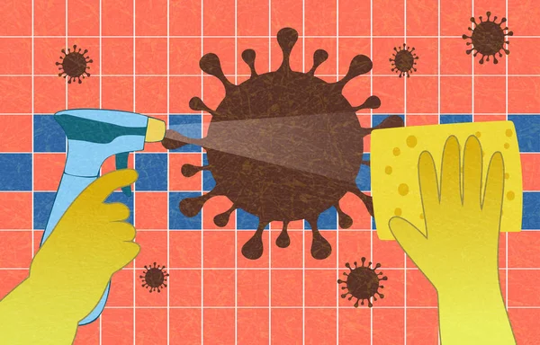 Désinfection de la maison par le coronavirus, Cov-SRMO. Mains dans les gants avec pulvérisation et éponge laver les carreaux muraux. Pulvérisation de solution désinfectante . — Image vectorielle