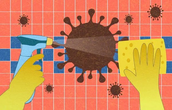 Desinfektion der Wohnung von Coronavirus, MERS-Cov. Hände in Handschuhen mit Spray und Schwamm waschen Wandfliesen. Sprühen von Desinfektionslösung. — Stockvektor