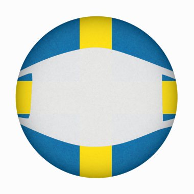 Coronavirus, covid-19. İsveç bayrağında tıbbi maske daire şeklinde, İsveç bayrağı düğmesi, virüsten korunma.