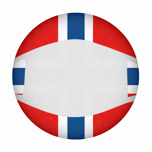 Coronavirus covid-19. Medizinische Maske auf Norwegen-Fahne im Kreis, Knopf der norwegischen Fahne, Schutz vor dem Virus. — Stockvektor