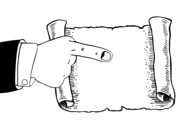 Ikone der menschlichen Hand deutet auf leeres Pergament, Schriftrolle, Zeigefinger, isoliert auf weiß. — Stockvektor