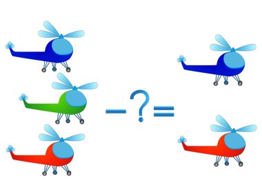 Çocuklar, matematik çıkarma çizimi, helikopter ile örnekler için eğitici bir oyun.