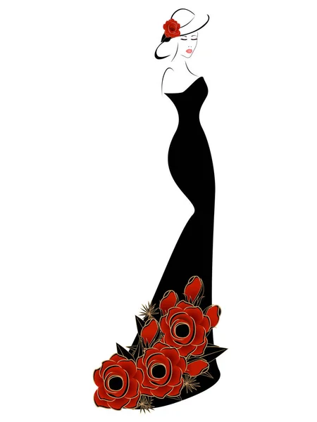 Kvinna i hatt, klänning med röda rosor. — Stock vektor