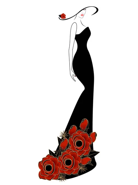 Женщина в платье и шляпе с красной розой . — стоковый вектор