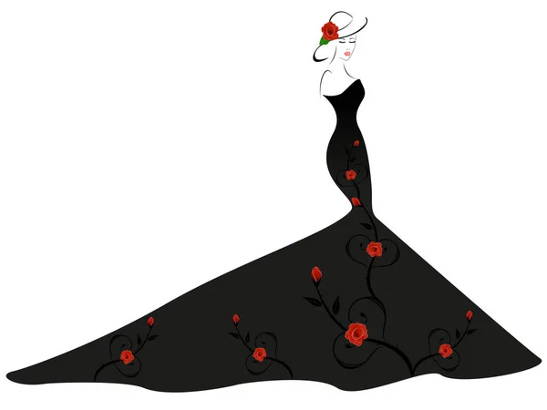 Mujer con sombrero y vestido con rosas rojas . — Vector de stock