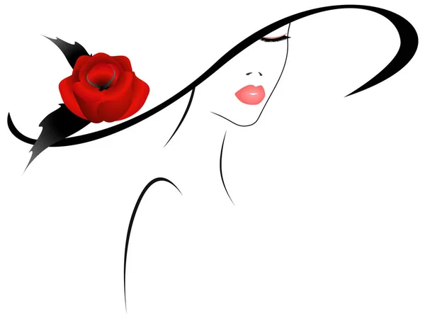 Cara de mujer con sombrero y rosa roja . — Vector de stock