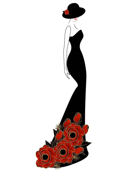 Femme en robe noire et chapeau aux roses rouges . — Image vectorielle