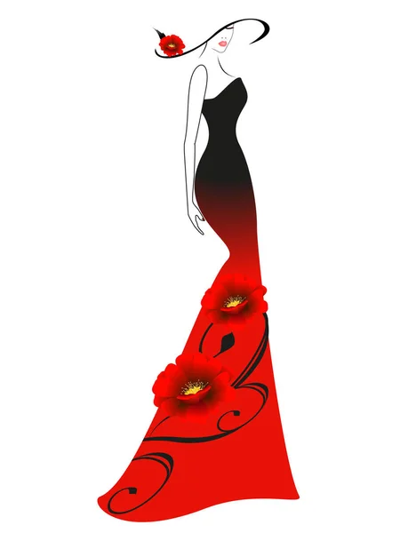 Une femme au chapeau, robe aux fleurs rouges . — Image vectorielle