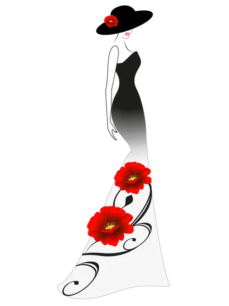 Μια γυναίκα σε ένα μακρύ φόρεμα και το καπέλο με το κόκκινο λουλούδι. — Διανυσματικό Αρχείο