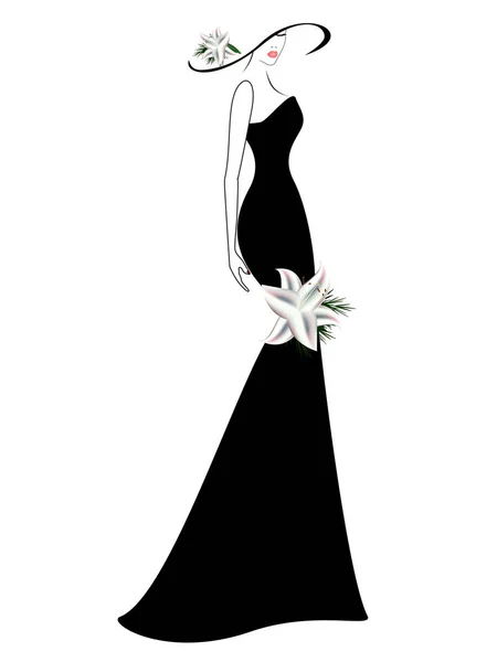 En kvinna i en klänning och hatt med en lilja. — Stock vektor