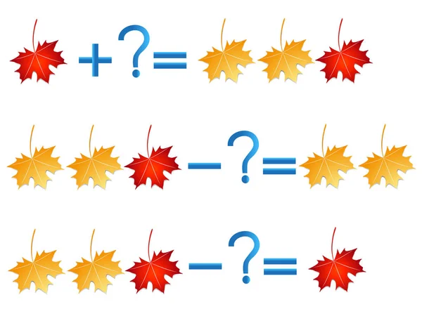 Relação de ação de adição e subtração, exemplos com folhas . —  Vetores de Stock