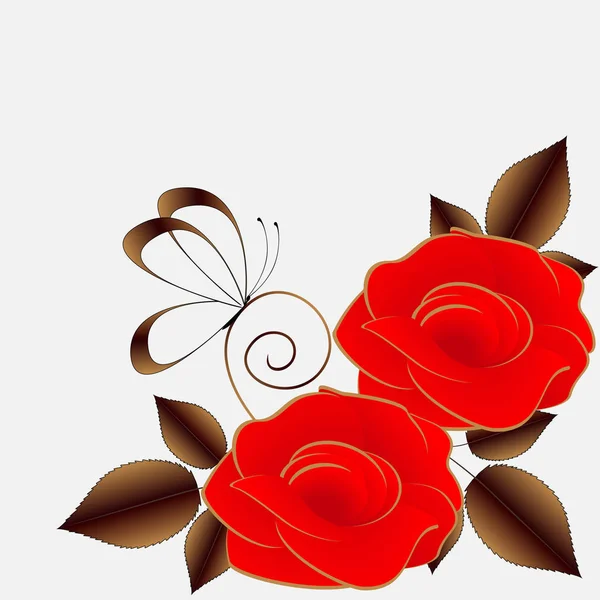 红玫瑰与蝴蝶花卉背景. — 图库矢量图片