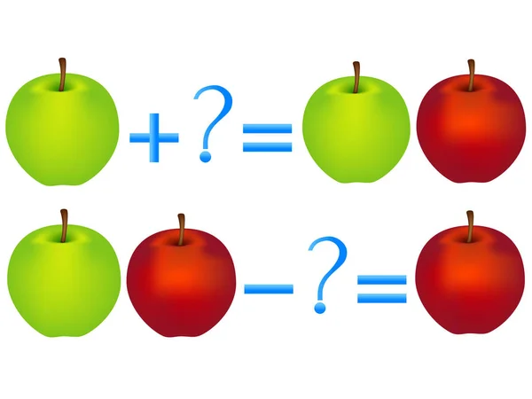 Relación de acción de suma y resta, ejemplos con manzanas. Juegos educativos para niños . — Vector de stock