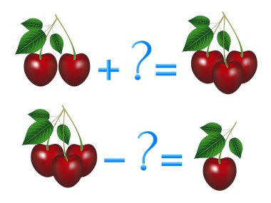 Ekleme ve çıkarma, kiraz örneklerle eylem ilişkisi. Çocuklar için eğitici bir oyun.