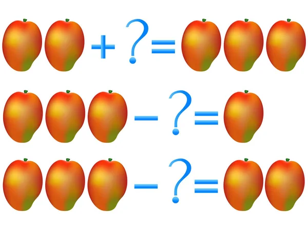 Åtgärd förhållandet av addition och subtraktion, exempel med mango. Pedagogiska spel för barn. — Stock vektor