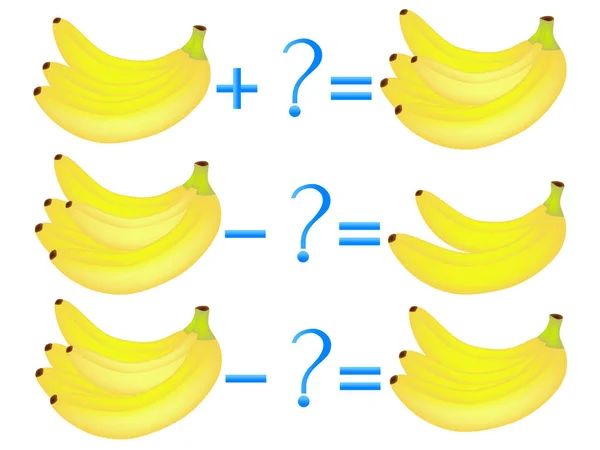 Action relationship of addition and subtraction, examples with bananas. Educational games for children. — Stock Vector