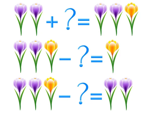 Action relationship of addition and subtraction, examples with crocuses. Educational games for children. — Stock Vector