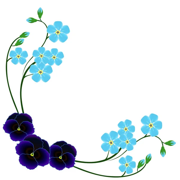 Ecke mit blau vergiss mich nicht Blumen und Stiefmütterchen. — Stockvektor