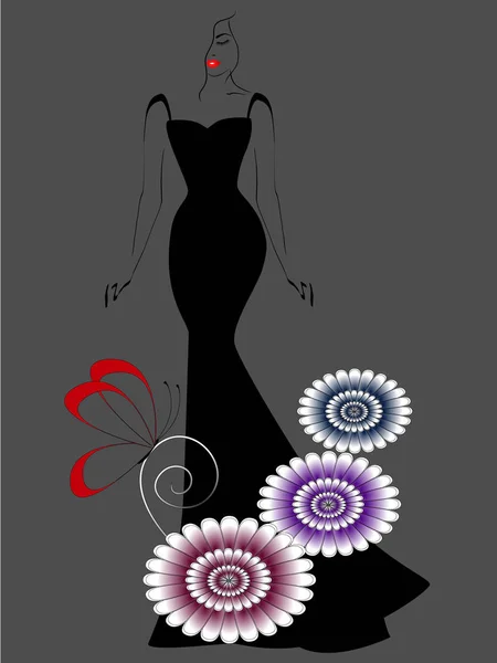 Frau in einem langen schwarzen Kleid und Blumen mit einem Schmetterling auf grauem Hintergrund. — Stockvektor