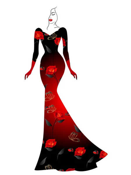 Une femme en robe longue avec des roses rouges . — Image vectorielle