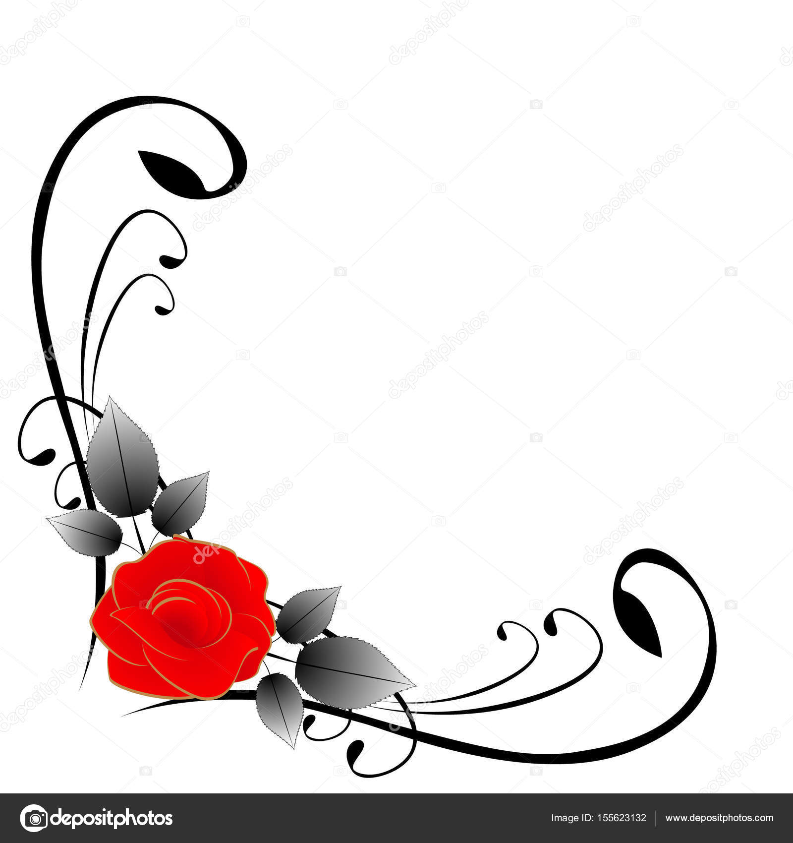 Corner composition with red rose and leaves, illustration isolated on ...