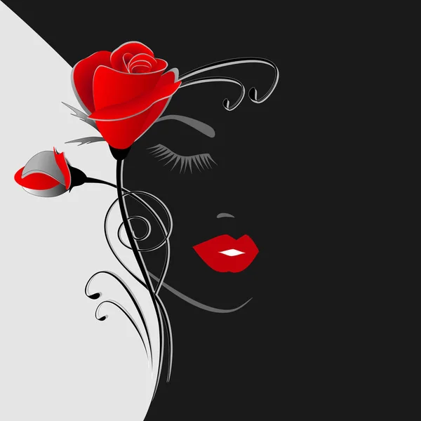 Ilustración de un fondo floral blanco y negro con un ramo de rosas y un retrato de una mujer . — Vector de stock