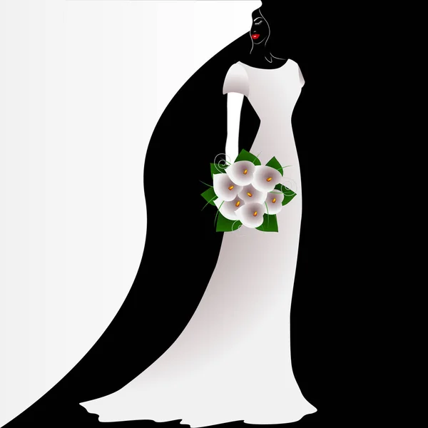 Εικονογράφηση της ομορφιάς μαύρο και άσπρο φόντο με νύφη με ένα μπουκέτο λουλούδια. — Διανυσματικό Αρχείο