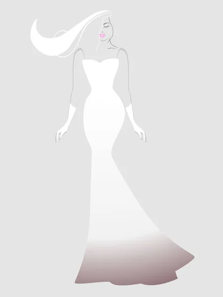 Молода і красива дівчина в довгій фантастичній сукні, що стоїть на сірому фоні . — стоковий вектор