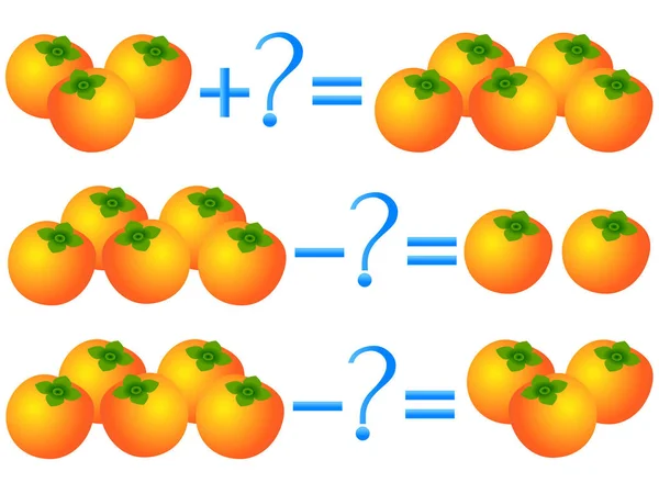 Aktionsbeziehung von Addition und Subtraktion, Beispiele mit Persimmonen. Lernspiele für Kinder. — Stockvektor