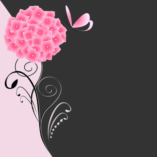 Ilustración de un hermoso fondo floral negro y rosa con hortensia rosa y mariposa . — Archivo Imágenes Vectoriales