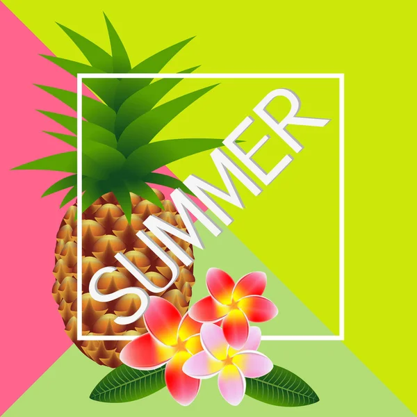 Banner de verano, flores frangipani (Plumeria) con piña . — Vector de stock