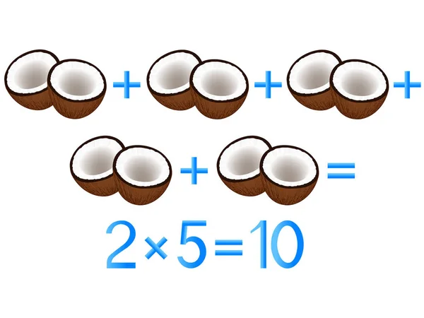 Jeux éducatifs pour les enfants, action de multiplication, exemple avec des noix de coco . — Image vectorielle