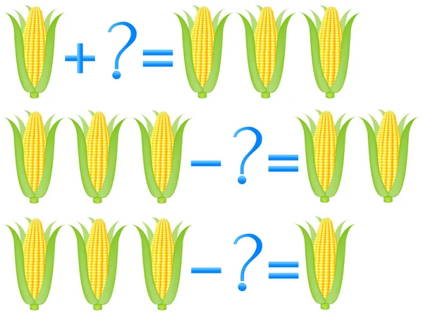 Action relationship of addition and soustrtraction, examples with corn. Jeux éducatifs pour les enfants . — Image vectorielle