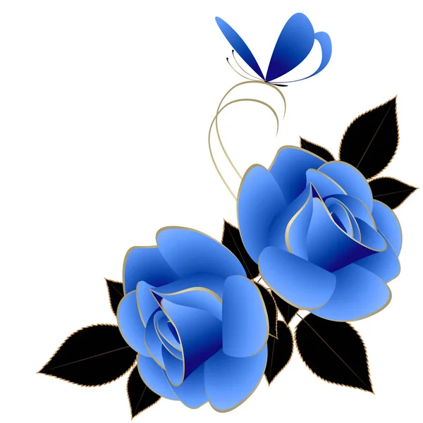 Кутова композиція з синіми трояндами та метеликом, ізольована на білому тлі . — стоковий вектор