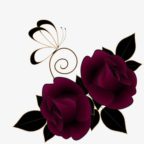 Fondo abstracto floral con rosas borgoña y mariposa . — Vector de stock