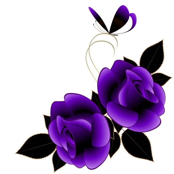 紫玫瑰与蝴蝶，白色背景上分离角组成. — 图库矢量图片